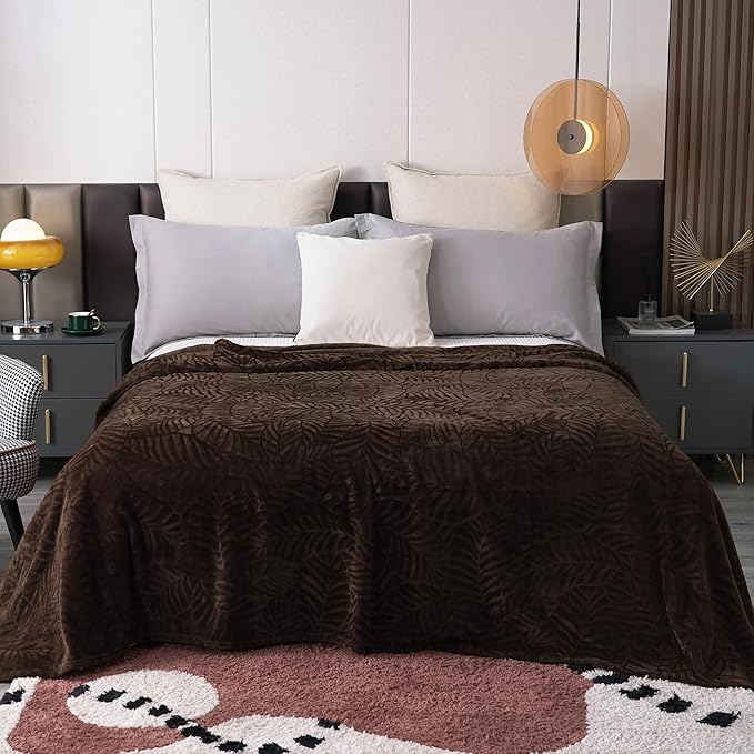 SOCHOW Super Soft Flannel Fleece Throw Blanket, Lightweight Cozy Warm Leaves Textured Plush Blanket for Bed Couch Sofa, 60 x 80 Inches, Brown