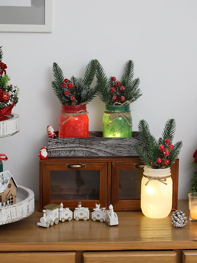 Christmas Mason Jars, Christmas Centerpiece for Table, Set of 3 Colorful Mason Jars with Lights & Artificial Plants, Kitchen Xmas Dining Table Decoration, Winter Home Decor