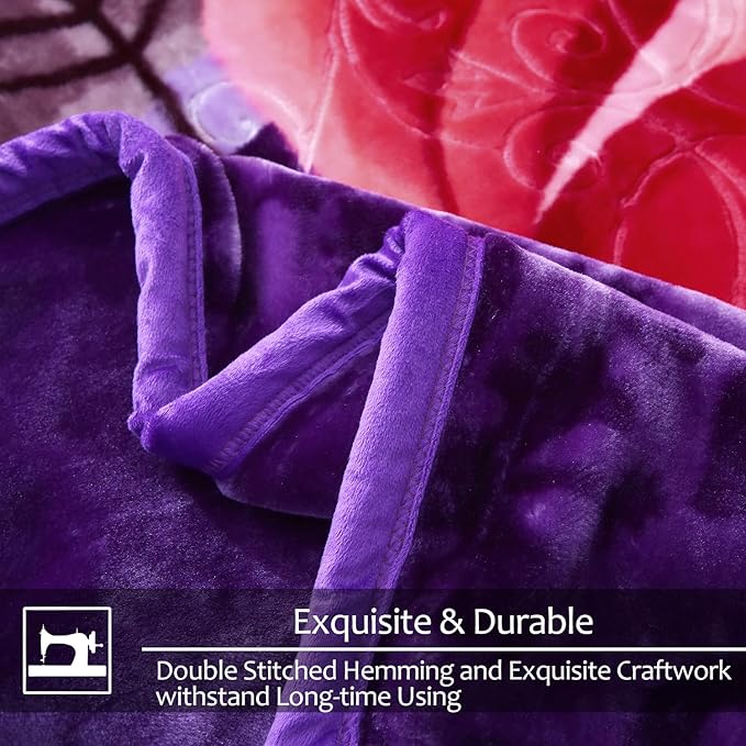 JYK Soft Korean Mink Blanket, 5 LB Fleece Queen 75'' x 87'' - 2 Ply Reversible 520GSM Super Soft Plush, Thick, Warm Bed Blanket for Autumn Winter - Purple, Rose/Camellia