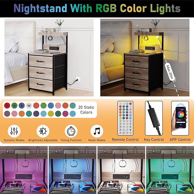 Night Stand Set 2 with LED Lights for Bedroom, Bedside Nightstands with Power Outlet and Type C Port, Matching Tables with 3 Fabric Drawers, Hooks, and Shelves, Greige