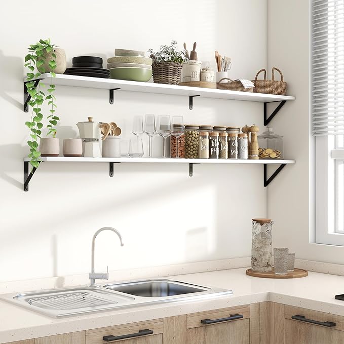 Axeman 55 Inch Floating Shelves | 8 Inch Deep White Wall Shelves Set of 2 | 55" W x 8" D Rustic White Wood Shelves for Bathroom Kitchen Living Room