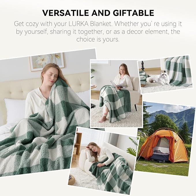 LURKA Checkered Sherpa Fleece Throw Blanket – Soft and Cozy, Medium Weight for All Season, Plush Throw for Couch, Bed, Dorm & Pets, Sage, 60x80 Inches