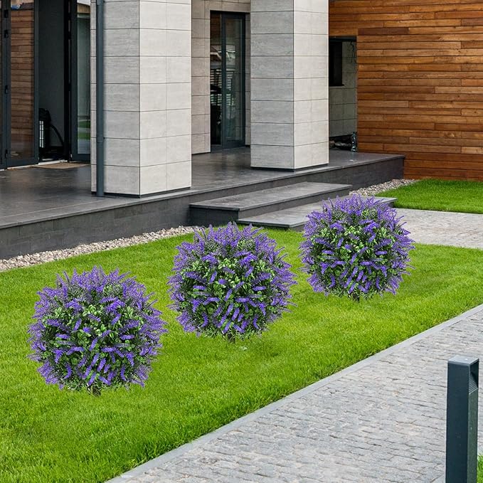 Artificial Topiary Bushes for Outdoors with Spike, Boxwood Ball Fake Shrubs UV Resistant Faux Plants for Indoor Outdoor Fall Thanksgiving Halloween Decor (Lavender Boxwood Purple-2 Packs)