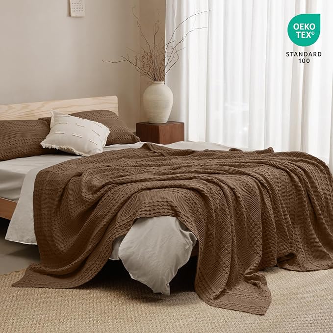 PHF 100% Cotton Waffle Weave Blanket Queen Size for Bed, Soft Lightweight & Breathable for Spring and Summer, All-Season Comfort, Luxury Aesthetic Blanket for Home Decor, 90"x90", Chocolate