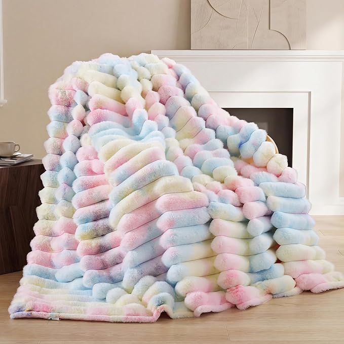 Smoofy Fluffy Faux Fur Throw Blanket - Super Soft Thick Plush Cozy Fuzzy Rabbit Fur, Luxury Warm Fleece Minky Stripe Blanket for Couch, Sofa, Room Decor Gift for Women, Colorful Rainbow Throw, 50x60