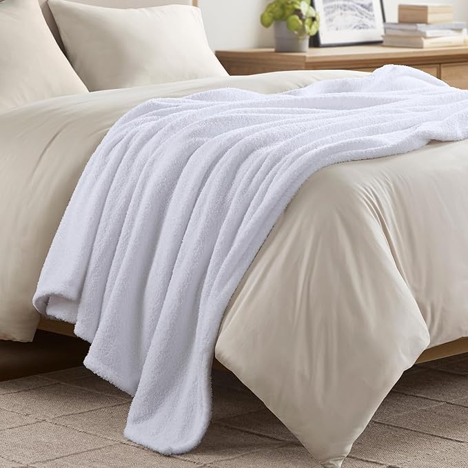 Madison Park Fuzzy Knit Blanket Dream Soft Blanket Cozy Breathable Cover Luxrurious Feathersoft Feel, All Seasons Lightweight Bedding for Summer Cover for Bed, Couch & Sofa, King, White