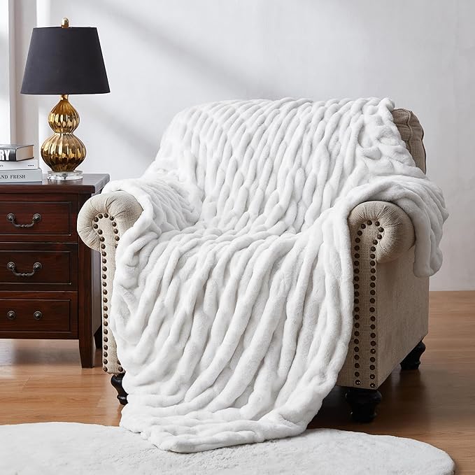 WDCOZY Ruched Faux Fur Throw Blanket Soft Cozy Fluffy Luxurious Blankets Couch Bed Sofa Chair Home Decor Warm Furry Fall Winter Plush Rabbit Fur Bubble Blanket 60" x 80", Ivory Cream White