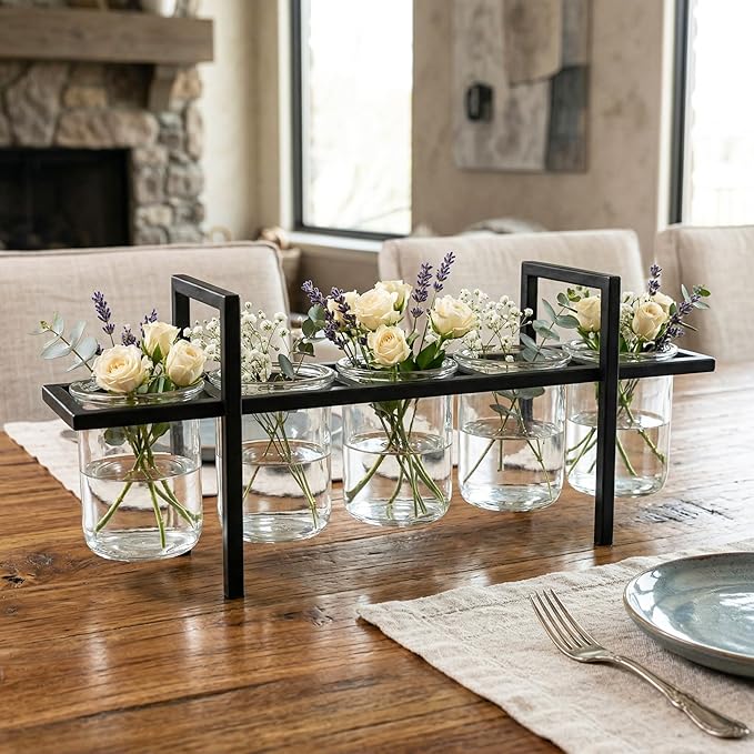 Seraphic 5-Cup Rustic Modern Floating Candle Holder Table Centerpiece Decoration for Dining Room, Kitchen, Patio, Weddings, Metal Iron with Glass Cups, 16" Long