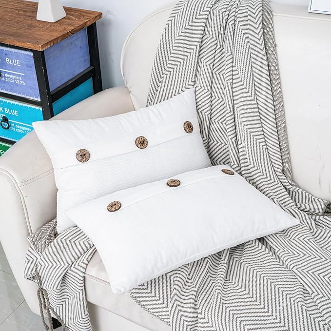 HWY 50 White Chenille Throw Pillow Covers 12x20 Inch with Triple Buttons, Soft Farmhouse Accent Decorative Cushion Cases for Couch Sofa Bed Living Room Pack of 2 Rectangle