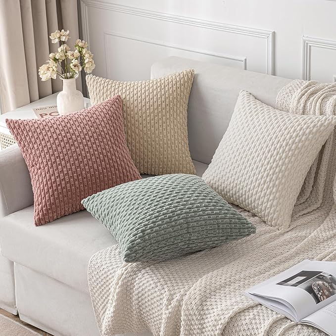 MIULEE Pack of 2 Decorative Throw Pillow Covers 16x16 Inch Soft Boho Striped Textured Corduroy Pillow Covers Modern Farmhouse Home Decor for Couch Bed Sofa Living Room Beige