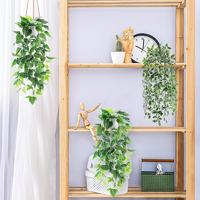 Der Rose 4 Pack Fake Plants Hanging Faux Potted Ivy Vine Artificial Mandala Plants for Room Bathroom Wall Shelf Decor Indoor