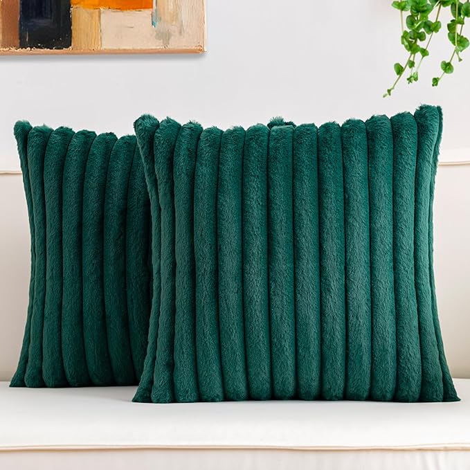 Aegero Pack of 2 Faux Fur Fall Throw Pillow Covers 20x20 Inch, Soft Plush Striped Neutral Couch Pillow Cover, with Velvet Back Modern Home Decor for Sofa Living Room Couch Bed Blackish Green