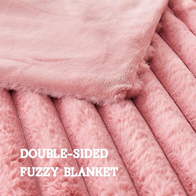 Lotus Karen Faux Fur Twin Blanket for Couch, Cozy Soft Fluffy Fuzzy Pink Blanket, Striped Warm Thick Furry Plush Shaggy Small Blankets for Women, 60x80 Inches