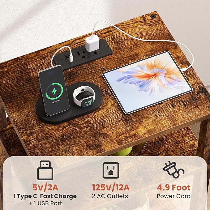 Side Table with Fast Charging Station, 3 Tier End Table with Type C and USB Port, Small Bedside Tables for Small Space, End Tables for Living Room, Bedroom, Office, Rustic Brown