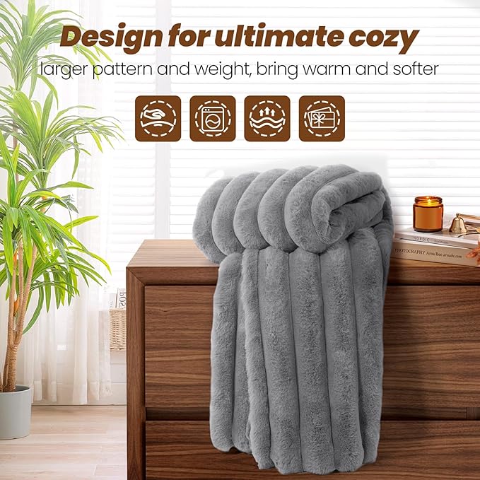 Faux Fur Throw Blanket for Couch, 850GSM Cozy Soft Plush Thick Striped Luxury Blanket for Sofa Living Room Bedroom,50 * 60 Inches, Grey