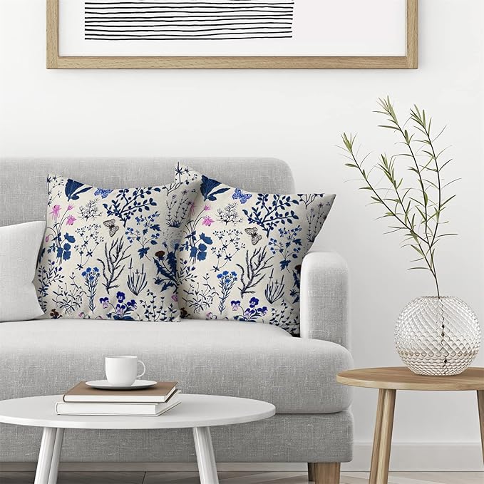 AEIOAE Summer Pillow Covers 18x18 Inch Set of 2,Navy Blue Wild Flower Plant Throw Pillows Case,Seasonal Floral Outdoor Decorative Square Linen Farmhouse Decor Cushion Covers for Home Sofa Bed Couch