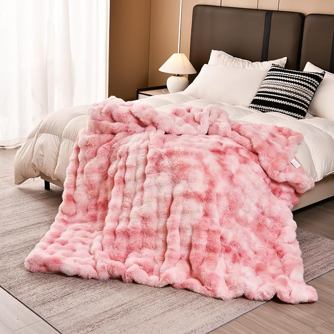 H&D Faux Fur Throw Blanket for Couch,Fluffy Cozy Soft Plush Luxury Thick Fuzzy Fleece Blanket for Couch Bed Sofa Bedroom Living Room,Comfy Bubble Blanket