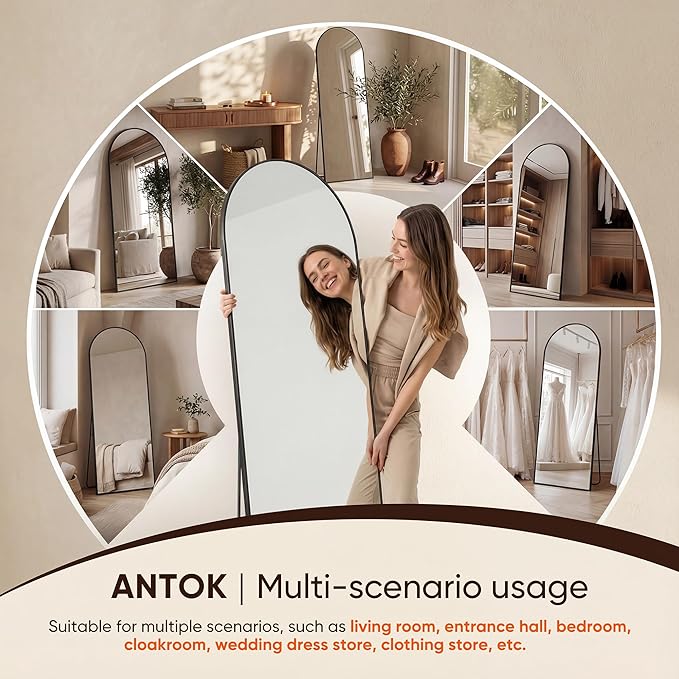 Antok Full Length Mirror, 78"x38" Floor Mirror Freestanding, Arched Full Body Mirror Floor Standing Mirrors with Stand for Bedroom, Hanging Mounted Mirrors for Living Room Cloakroom, Black