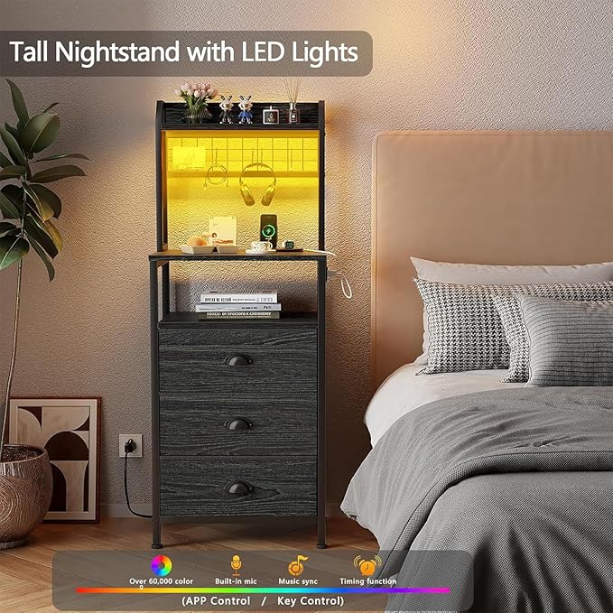 Furologee 44'' Tall Nightstand with Charging Station, Bedside Table with LED Lights, End Table with 3 Drawers and Storage Shelves, Night Stand with Pegboard for Bedroom, Black Oak