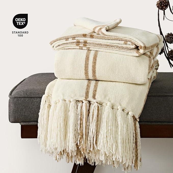 EverGrace Plaid Chenille Throw Blanket for Couch, Super Soft Cozy Decorative Windowpane Grid Plaid Throw with Tassels, Lightweight Chenille Knit Throw for Bed Sofa Gift, Cream & Beige 60"x80"