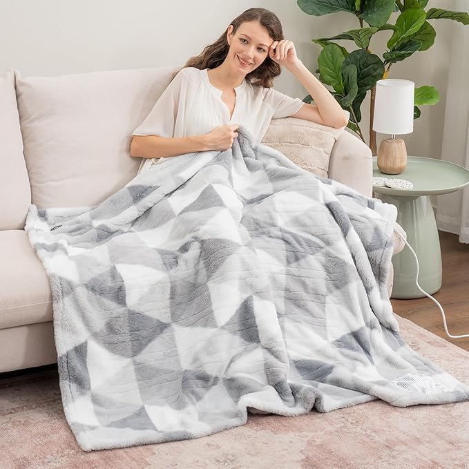 Berkshire Blanket Heated Throw Blanket, Grace Fur to Loftmink Reversible Electric Throw with 4 Heat Levels, Fast Heating Printed Throw for Couch and Bed, Auto Shut-Off Feature (50"x60")