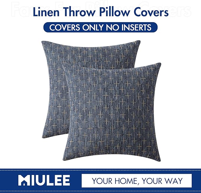 MIULEE Pack of 2 Decorative Burlap Linen Throw Pillow Covers Modern Farmhouse Vintage Pillowcase Rustic Woven Textured Cushion Cover for Sofa Couch Bed 20x20 Inch Blue