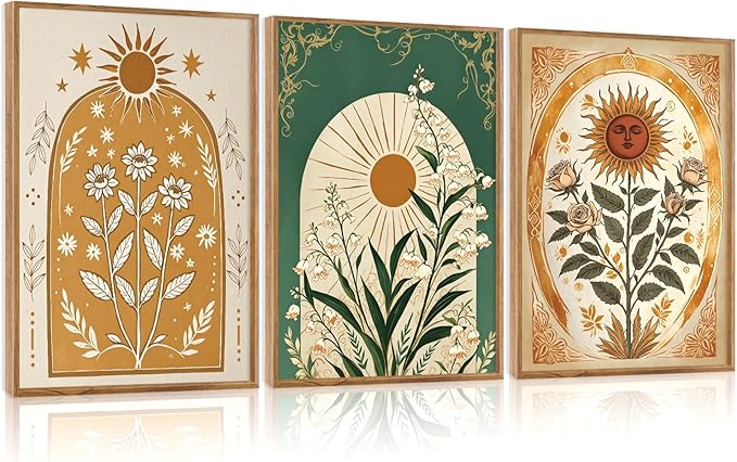 CHDITB Modern Bohemian Celestial Wall Art Set Of 3, Boho Sun Floral Tarot Wall Decor, Nature Mystery India Painting, Minimalist Green Lily Flower Art Prints For Dining Room Bedroom Decor 12”x16”