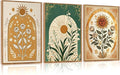 CHDITB Modern Bohemian Celestial Wall Art Set Of 3, Boho Sun Floral Tarot Wall Decor, Nature Mystery India Painting, Minimalist Green Lily Flower Art Prints For Dining Room Bedroom Decor 12”x16”