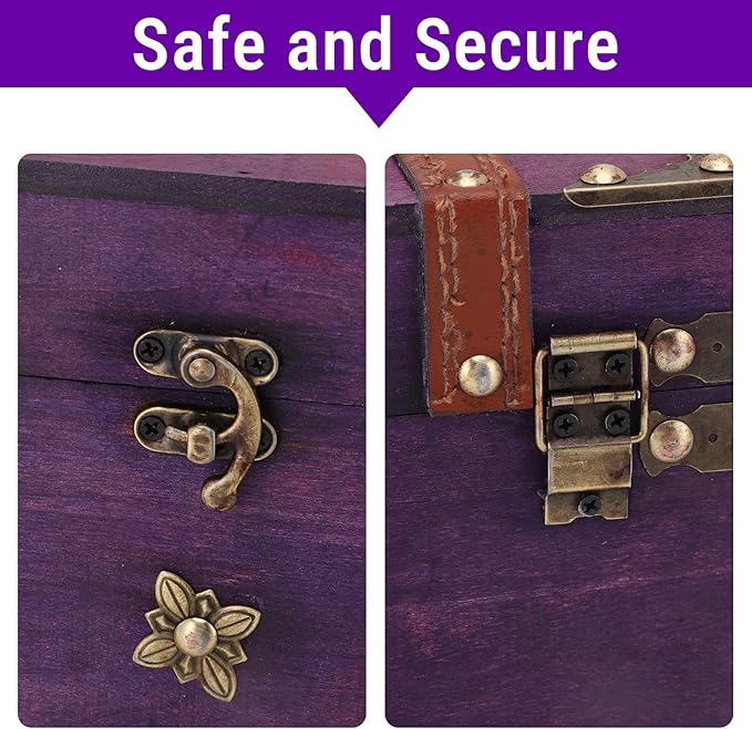 Vintage Treasure Chest Box, Wooden Jewelry Storage Box with Leather & Metal Accents, Decorative Retro Trunk for Home Bedroom Gifts (8.54x5.91x5.12in) (Purple)