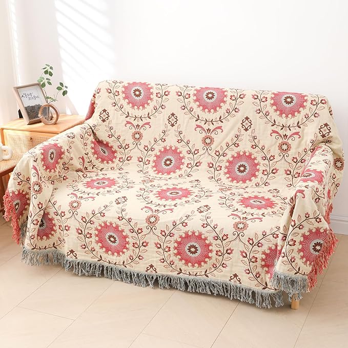 Snycler Boho Throw Blanket for Bed - 100% Cotton Ultra Soft Rustic Quilt - Pink Boho Floral Printed Farmhouse Decor Bed Blankets, 91"x98" All Season Rustic Throw for Sofa Couch Chair