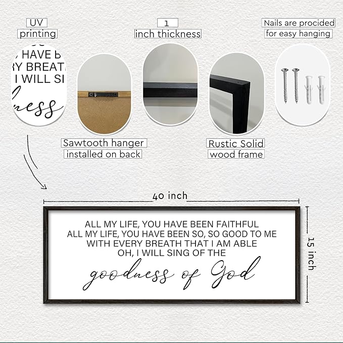 YWMZYKJGS Goodness of God Wall Decor 40"×15" Bible Verse Sign Christian Catholic Scripture Jesus Christ Prayer Large Home Office Wood Framed Wall Hanging Art (Black)
