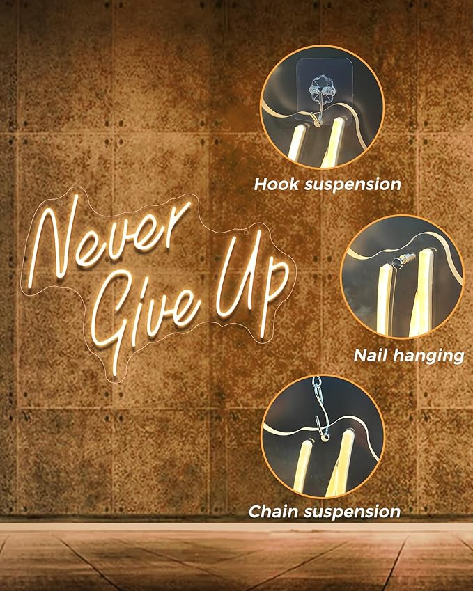 NEVER GIVE UP LED Neon Sign for Wall Decor,Neon Lights Party Decorations, USB Powered Switch Neon Lights lighting adjustable for Office Room, Gym Room, Man Cave, Gamer Room
