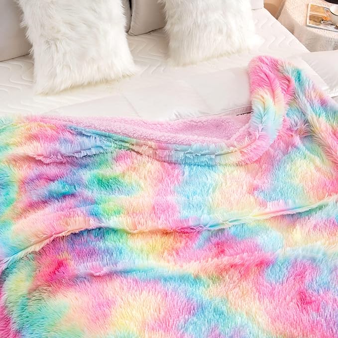 DANGTOP Fuzzy Faux Fur Throw Blanket, Tie Dye Fluffy Blanket, Super Soft Rainbow Blanket for Girls, Luxury Cozy Warm Plush Thick Sherpa Throws for Bed Couch Living Room (Rainbow, 59x79 inches)
