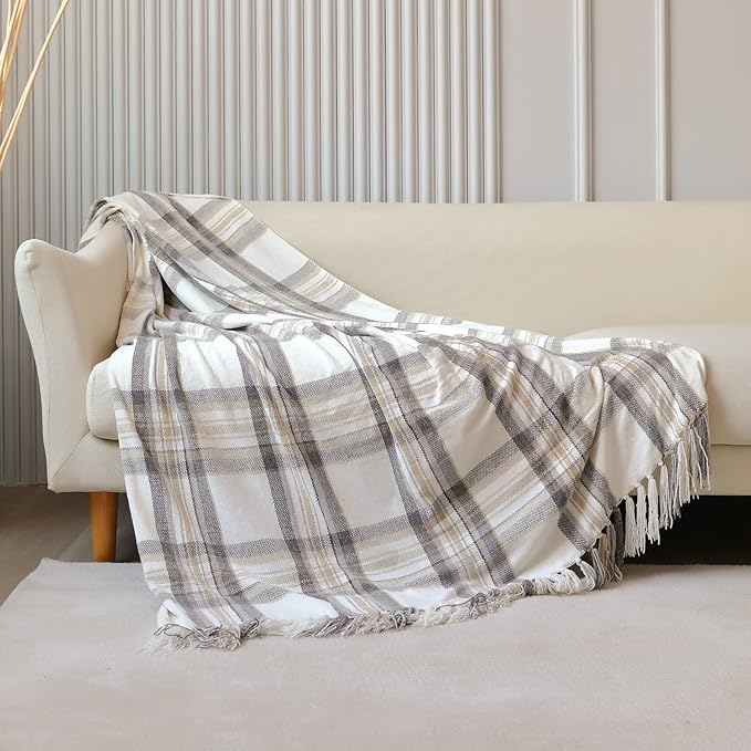 Taupe Grey and White Plaid Decor Tartan Blanket, Lightweight Soft Chenille Striped Knitted Rustic Farmhouse Throw with Tassels for Couch Sofa Chair Bed Office Home, 60" x 80"