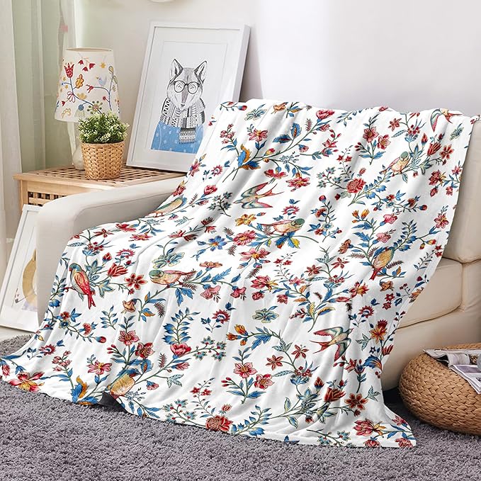 Bird Floral Throw Blanket Flower Plant Cozy Fuzzy Plush Throw Blanket Flannel Fleece Throw Blankets Gift for Women Girl Adult Boho Blankets for Bed Sofa Travel 50" x 60" Inch