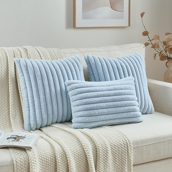 FUTEI Light Blue Decorative Throw Pillow Covers Set of 2, 12x20 Inch Soft Fluffy Faux Fur Plush Striped Lumbar Pillowcases, Modern Home Decor for Couch Bed Living Room