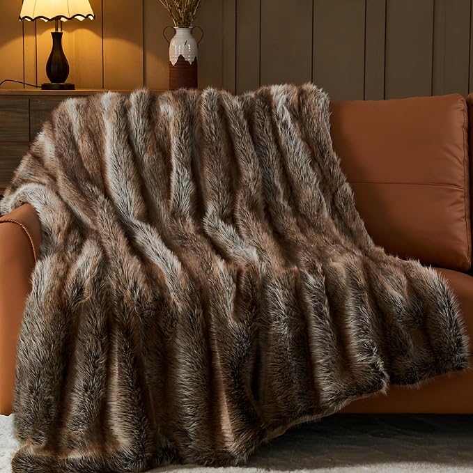 NEWCOSPLAY Faux Fur Twin Blanket Luxury Fluffy Thick Warm Blanket for Couch Sofa Bed 1000GSM (Stripe Dark Brown Thick, Twin(60"x80"))