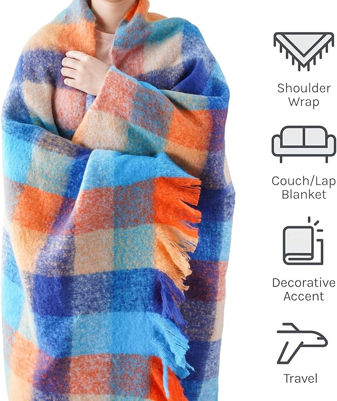 BATTILO Colorful Plaid Throw Blanket for Couch Bed, Fall Blue Plaid Throw Blanket with Vibrant Colors,Super Soft Cozy Cashmere Mohair Tartan Plaid Blanket for Fall Decor Home Decor(50"x60")