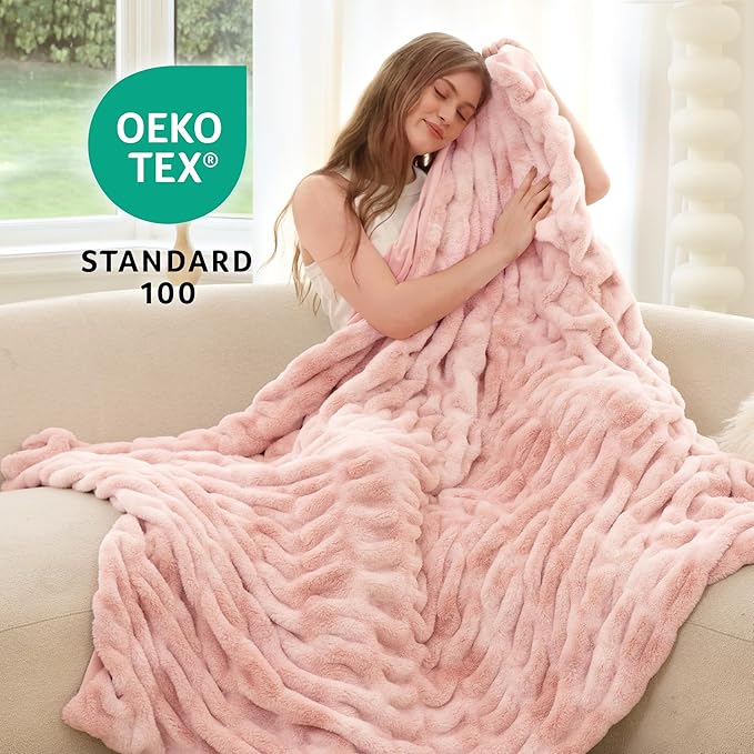 Ultra Soft Faux Rabbit Fur Throw Blanket, Cozy Fuzzy Blanket for Couch Bed, Plush Warm Decor Gifts, Luxury Thick Fluffy Blanket for Women,50x60 inches, Tie-Dyed in Pink