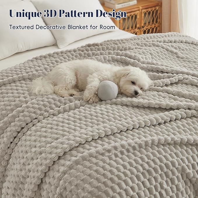 PHF Ultra Soft Flannel Fleece Blanket Queen Size, Lightweight 3D Jacquard Fleece Blanket, No Shedding, No Pilling, Luxury 340GSM Aesthetic Fluffy Cozy for Bed Room Decor, 90"x90", Taupe