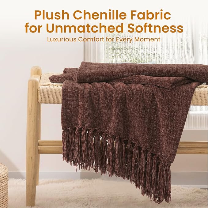 Rust Brown Chenille Throw Blanket for Couch Bed，Soft Cozy Throw Blanket with Handmade Fringe, Decorative Blanket for Sofa Chair Living Room for Gift, (Rust Brown)
