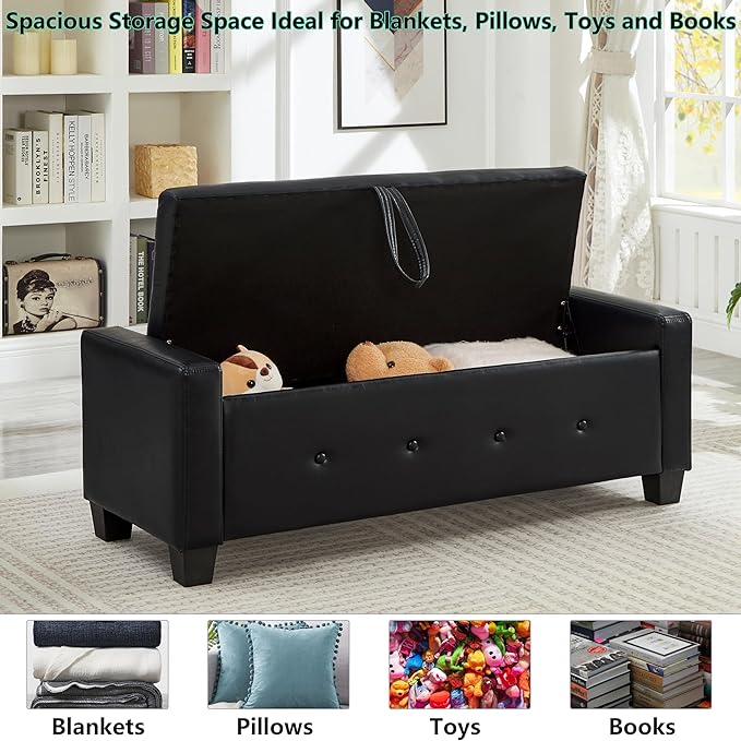 48" PU Leather Storage Ottoman Bench for Bedroom Bed End,Tufted Faux Leather Ottomans with Storage for Living Room,Bedside,Entryway,Modern Window Benches with Seating (PU Black, 48")