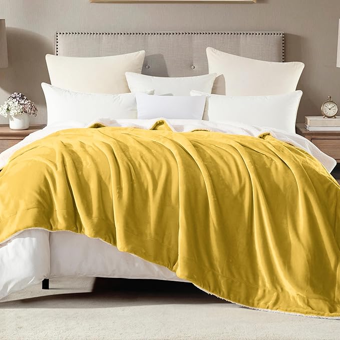 Mocassi Premium Ultra-Soft Flannel Fleece Sherpa Throw Blanket - Warm Cozy Reversible Plush Micromink Blanket for Couch, Bed and Sofa - Fluffy, Christmas Winter Bedding Gift, King, Yellow