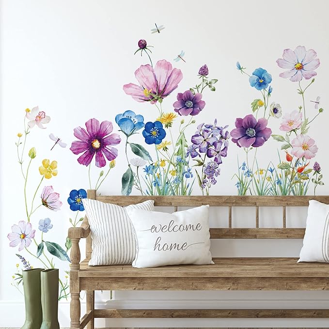 Zonon 6 Pcs Flowers Wall Decals Stickers Vinyl Removable Peel and Stick Colorful Dragonflies Floral Wall Murals Decor for Bedroom Living Room Nursery(Beautiful)