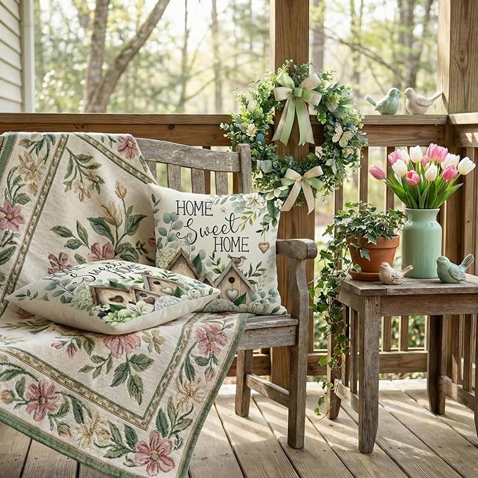 GEEORY Spring Home Sweet Home Pillow Covers Set of 2, 18x18 Inch Farmhouse Birdhouse Eucalyptus Decor Throw Pillow Cases for Sofa, Bedroom, Living Room