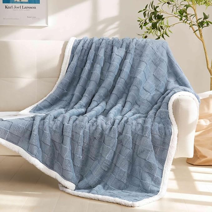 Sherpa Throw Blanket for Couch, Flannel Cozy Soft Thick Blanket for Bed - Fleece, Dirty Blue, 60x80 Inches