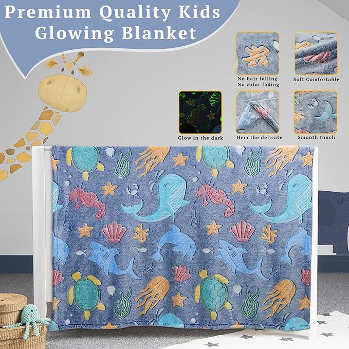 Easter Gifts for Boys Ocean Glow in The Dark Blanket for Girls Kids Turtle Fish Soft Throw Blanket for Couch Bed Easter Birthday Christmas 50" x 60"