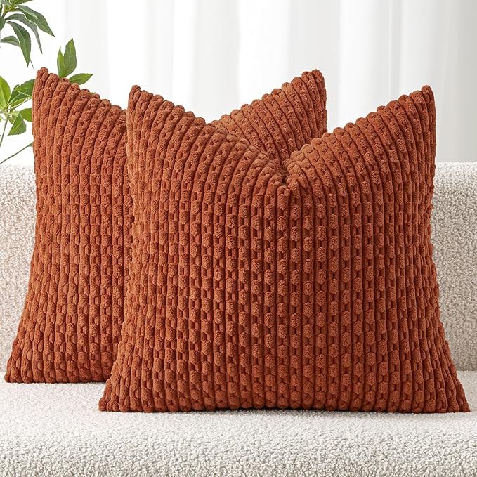 MIULEE Throw Pillow Covers Soft Corduroy Decorative Set of 2 Boho Striped Pillow Covers Pillowcases Farmhouse Home Decor for Couch Bed Sofa Living Room Rust 18x18 Inch