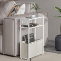 White Side Table with Charging Station, Slim End Tables with Linen Basket, Skinny Table for Small Spaces, Thin Bedside Table for Living Room, Bedroom