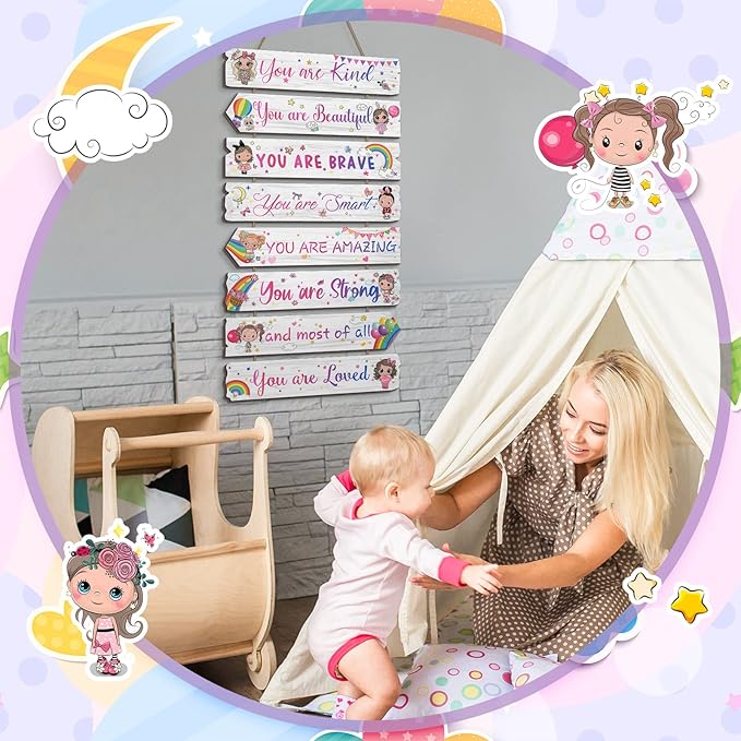 Inspirational Girl Room Decor Aesthetic Art Wall Hanging Sign Inspiring Colorful Rainbow Wooden Decoration for Kids Teens Toddler Boy Baby Bedroom Nursery Dorm Decor, 6-12 Years old (Doll)